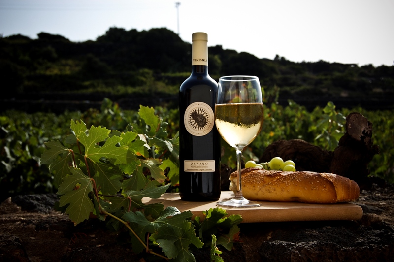 Auf dem Foto sieht man ein Glas mit Zefiro-Wein, die Flasche und den Weinberg, aus dem die Trauben für ihn stammen: Zibbibo, die Königin von Pantelleria. (Foto: Vinisola)