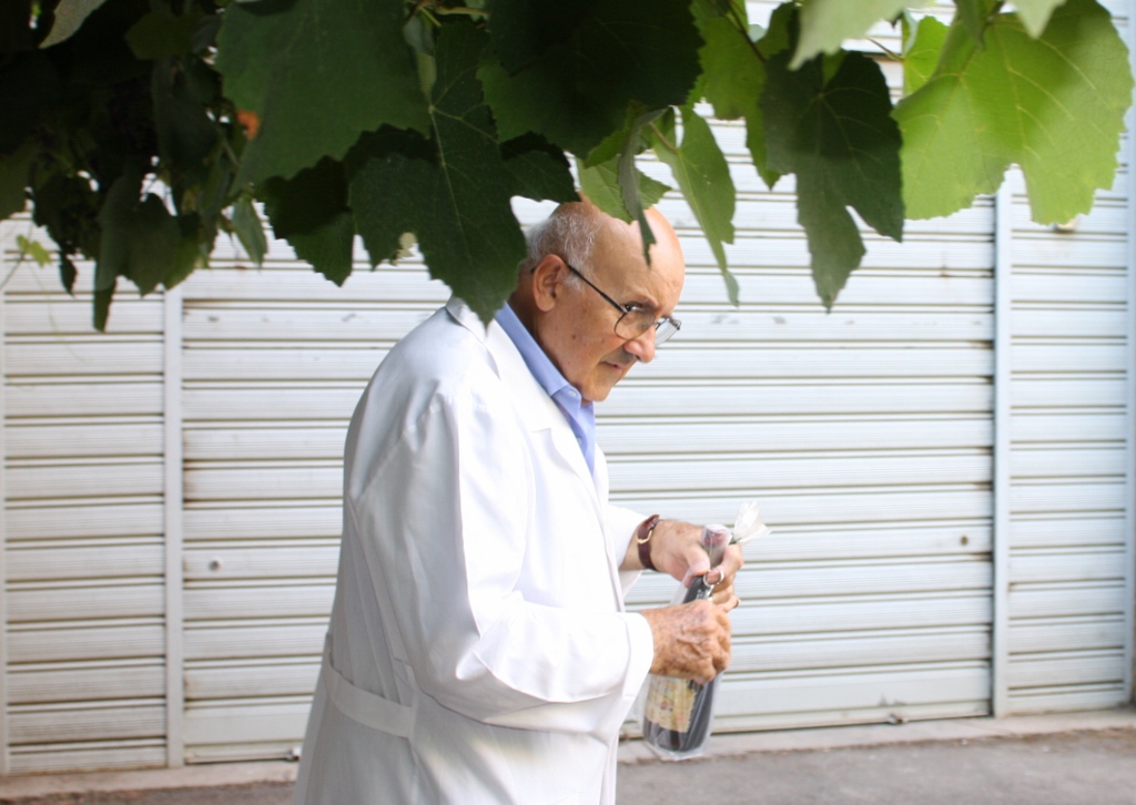 Si vede Professor Giovanni Russo nel suo cortile in un gabbiano bianco portando una bottiglia