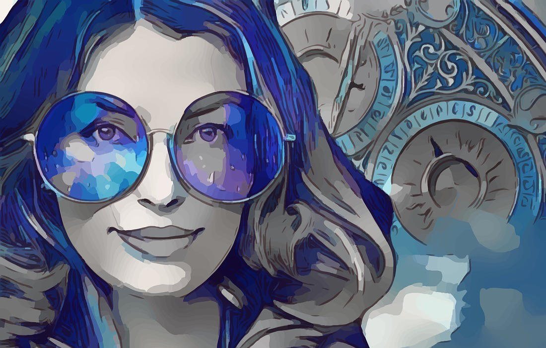 Frau mit Durchblick mit großer runder Brille in Blau. Illustration für Buch-Rezension und Artikel "Mein 2022 im Zeichen von Achtsamkeit und Selbstfürsorge" von Katrin Walter - simply walter